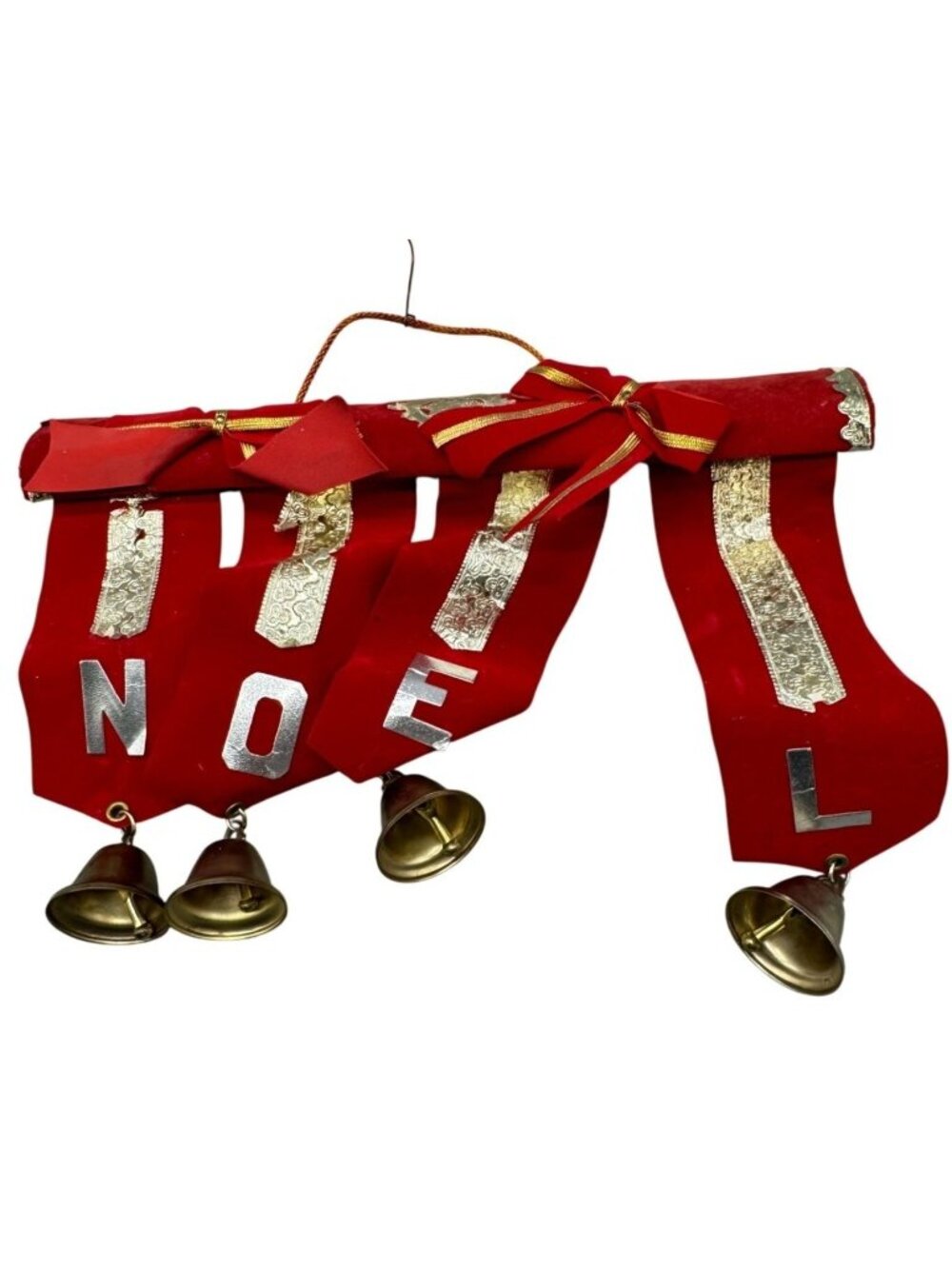 Christmas Noel wall hanging handmade sign red velvet bells gold decor bows READ